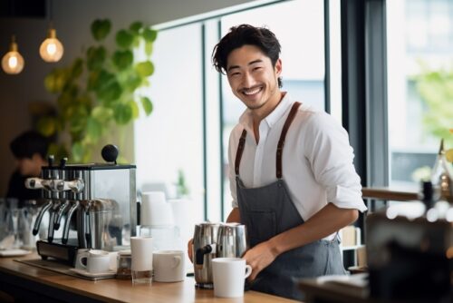 イケメン、カフェテリアのコーヒー店員